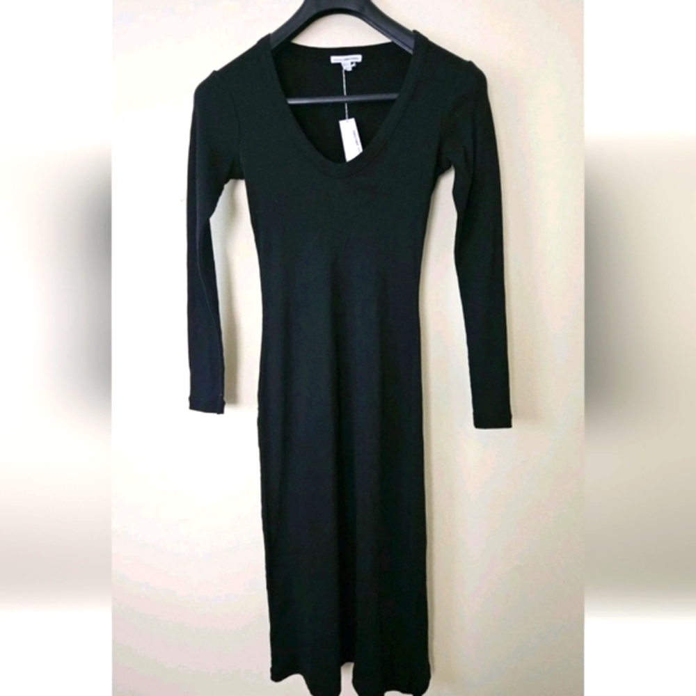 James Perse Black Ribbed V-Neck Sheath Dress Size 1/Small